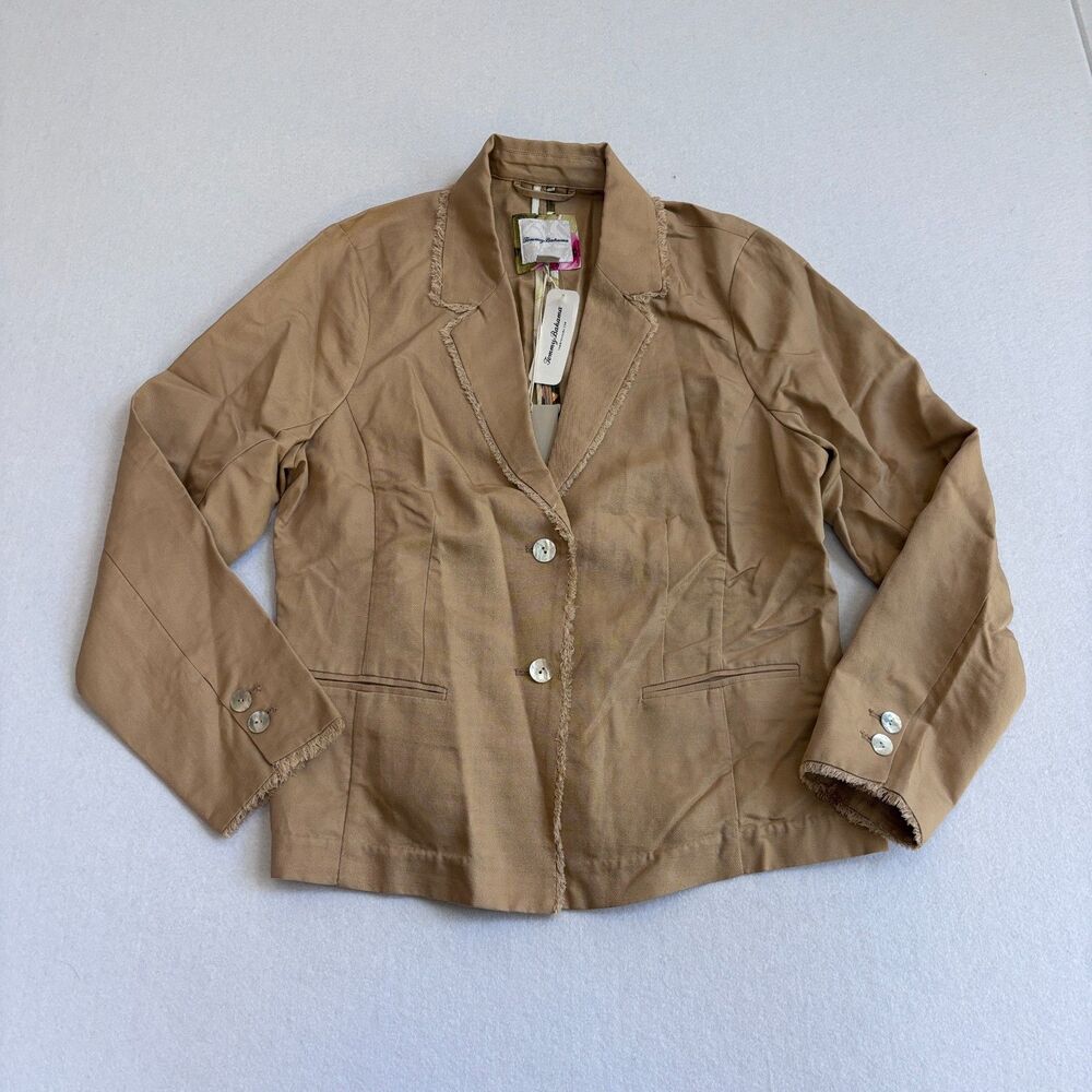 Tommy Bahama Cora Raw Edge Twill Linen Blazer Women's 12 Tan Preppy Jacket NWT